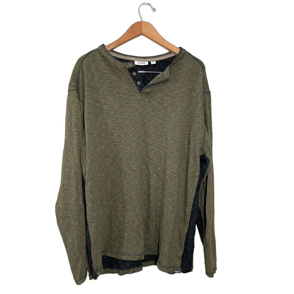 Rowm Shirt Mens XL Tall Olive Green Long Sleeve‎ Cotton Henley